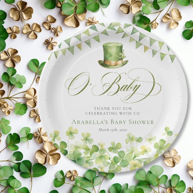 Assiettes En Carton Baby shower Shamrock écocouleur (Green Watercolor Shamrock Baby Shower Paper Plates
)