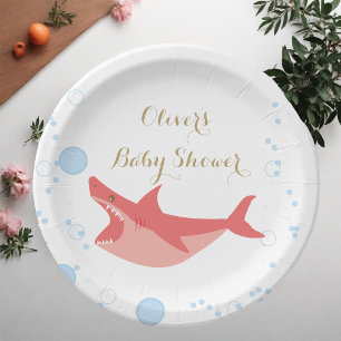 Assiettes En Carton Baby shower Shark Summer Red und Blue Bubbles