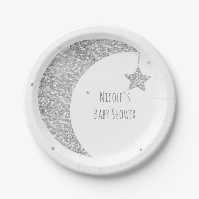 Assiettes En Carton Baby shower Silver & White Moon & Stars (Devant)