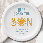 Assiettes En Carton Baby shower Soleil Venez Ici Le Fils<br><div class="desc">Plaque en papier baby shower à thème soleil mignonne avec une aquarelle illustrant un soleil jaune et "Voici le Fils" dans une typographie bleu rétro élégant. Parfait pour le baby shower d'un garçon. Facile à personnaliser. Aquarelle originale © Michele Davies.</div>