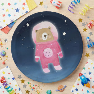 Assiettes En Carton Baby shower spatial de l'ours de l'astronaute rose