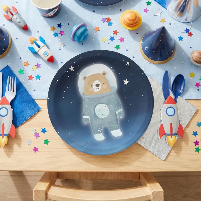Assiettes En Carton Baby shower spatial habité par un astronaute bleu (Blue Astronaut Bear Space Baby Shower Paper Plates.)