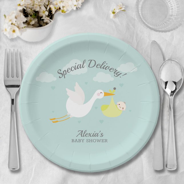 Assiettes En Carton Baby shower superposé pour bébé jaune cigogne (Cute stork yellow baby bundle unisex baby shower paper plates)