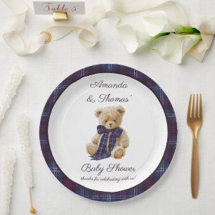 Assiettes En Carton Baby-Shower sur le thème de l'ours à carreaux