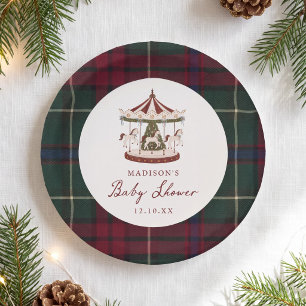 Assiettes En Carton Baby Shower Thème Carrousel de Noël Vintage Tartan