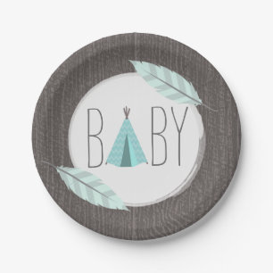 Assiettes En Carton Baby shower Tipi Turquoise - Inspiré Bois