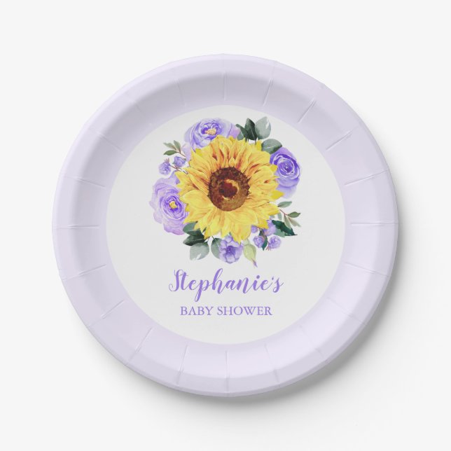 Assiettes En Carton Baby shower Tournesol violet Floral Personnalisé (Devant)