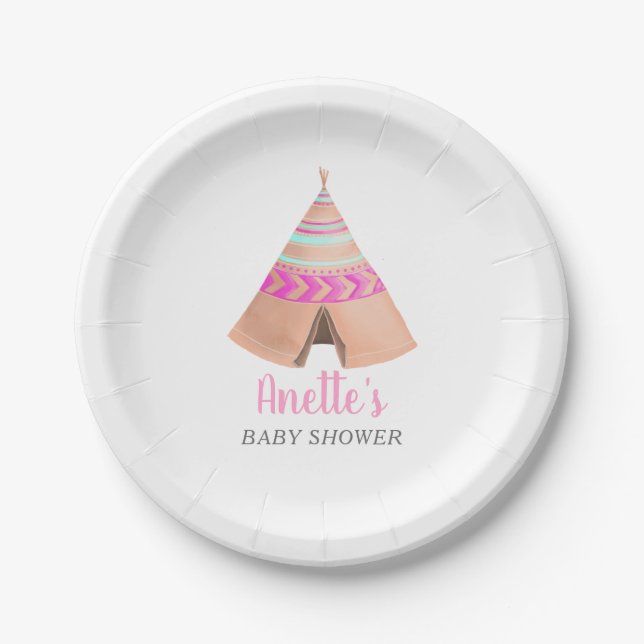 Assiettes En Carton Baby shower Tribal Teepee rose (Devant)