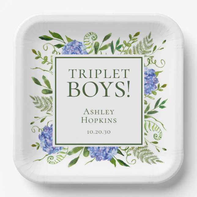 Assiettes En Carton Baby shower Triplet Boys Blue Hydrangeas (Recto)