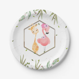 Assiettes En Carton Baby shower tropical de Flamant rose et de girafe