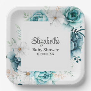 Assiettes En Carton Baby shower turquoise et blanc cassé