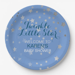 Assiettes En Carton Baby shower Twinkle Little Star Blue Silver Stars
