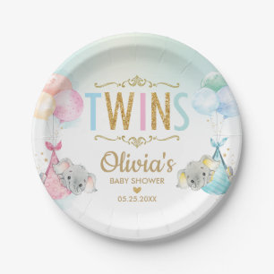 Assiettes En Carton Baby shower Twins Baby Girl Boy Elephant Balloons