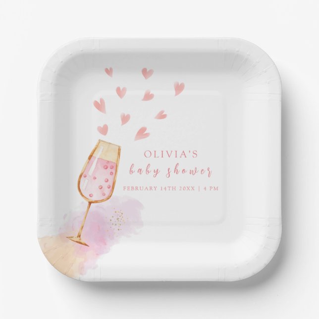 Assiettes En Carton Baby shower Valentines de Champagne Roses (Recto)