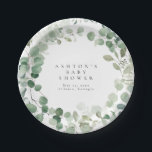 Assiettes En Carton Baby shower verdoyant<br><div class="desc">Il s'agit de plaques de papier baby shower à l'eucalyptus simples et élégantes, avec des éléments de verdure aquarelle et une police moderne. Modifiez tous les termes et toutes les couleurs* sur ce modèle de programme de mariage. * la couleur de l'aquarelle verte ne sont pas modifiables // Pour les...</div>
