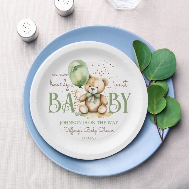 Assiettes En Carton Baby shower vert brun brun à l'ours en peluche (Bearly wait cute teddy bear sage green brown baby shower monogram printed paper plates table decor)