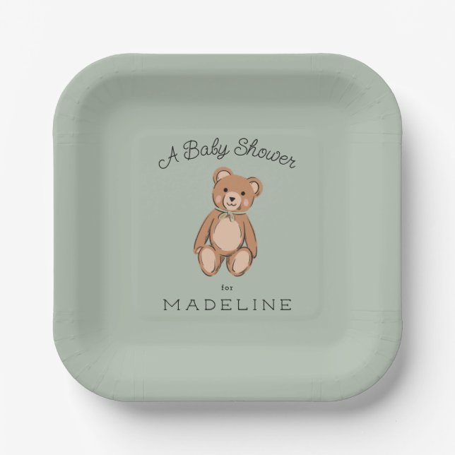 Assiettes En Carton Baby shower vert classique Teddy Bear Sage (Recto)