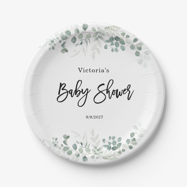 Assiettes En Carton Baby shower vert Eucalyptus (Devant)