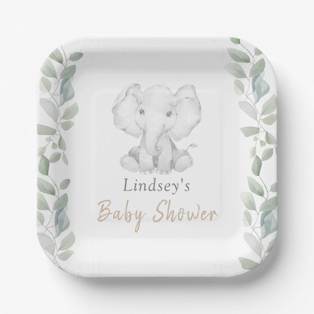 Assiettes En Carton Baby shower vert Eucalyptus petit éléphant (Recto)