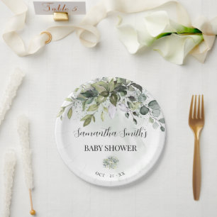 Assiettes En Carton Baby shower vert Eucalyptus rond