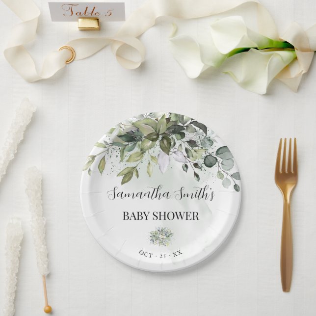 Assiettes En Carton Baby shower vert Eucalyptus rond (Mariage)