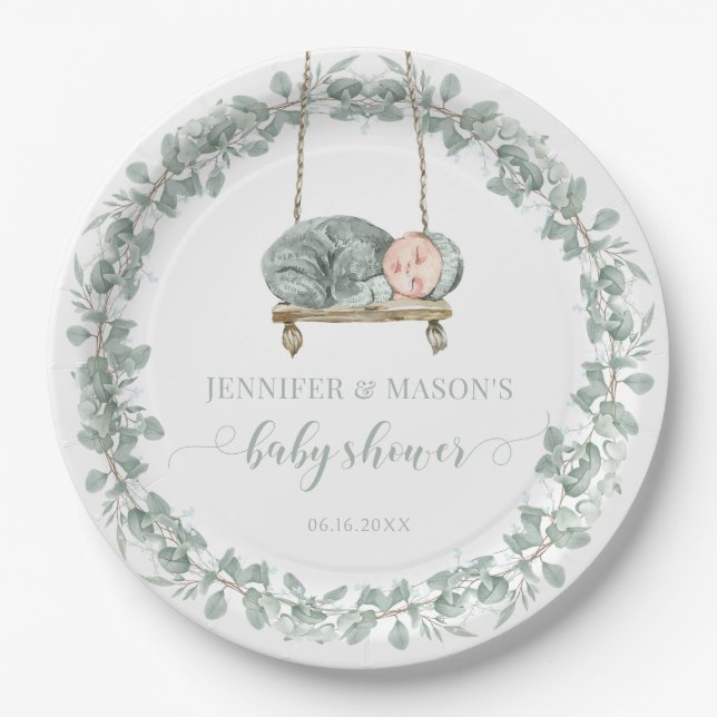 Assiettes En Carton Baby shower vert eucalyptus sans sexe (Devant)