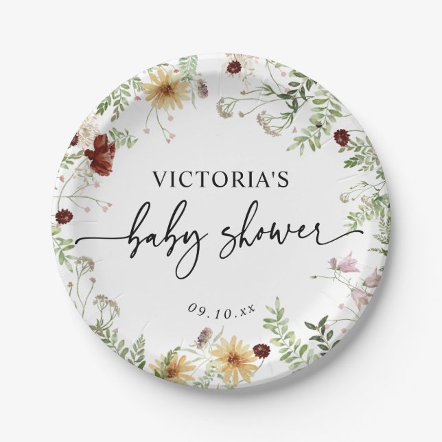Assiettes En Carton Baby shower vert minimal Fleur sauvage Boho (Devant)