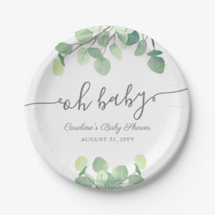 Assiettes En Carton Baby shower vert moderne Eucalyptus