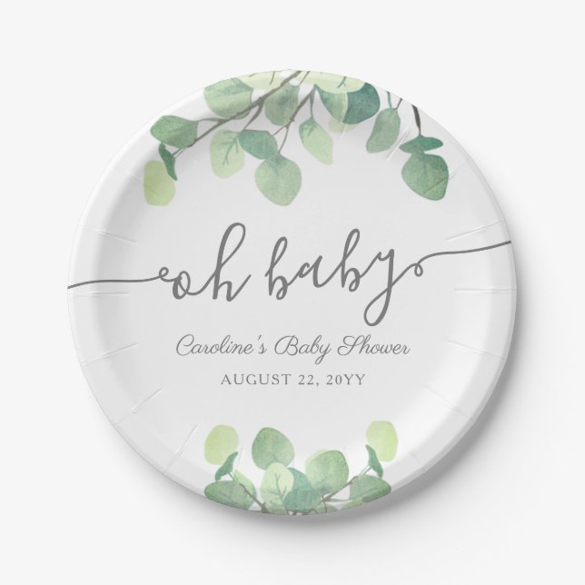 Assiettes En Carton Baby shower vert moderne Eucalyptus (Devant)