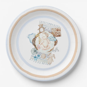 Assiettes En Carton Baby shower Vintage Bébé sur couverture Bleu ban