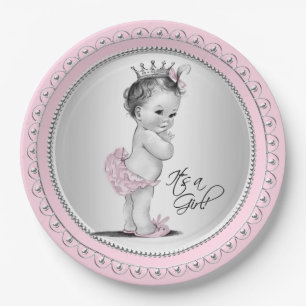 Assiettes En Carton Baby shower vintage de princesse Pink Silver Girl