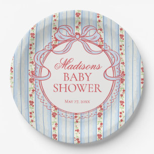Assiettes En Carton Baby Shower Vintage Fleurs Fantaisie Bleu et Rouge