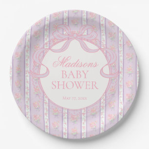 Assiettes En Carton Baby Shower Violet Floral Élégant Vintage