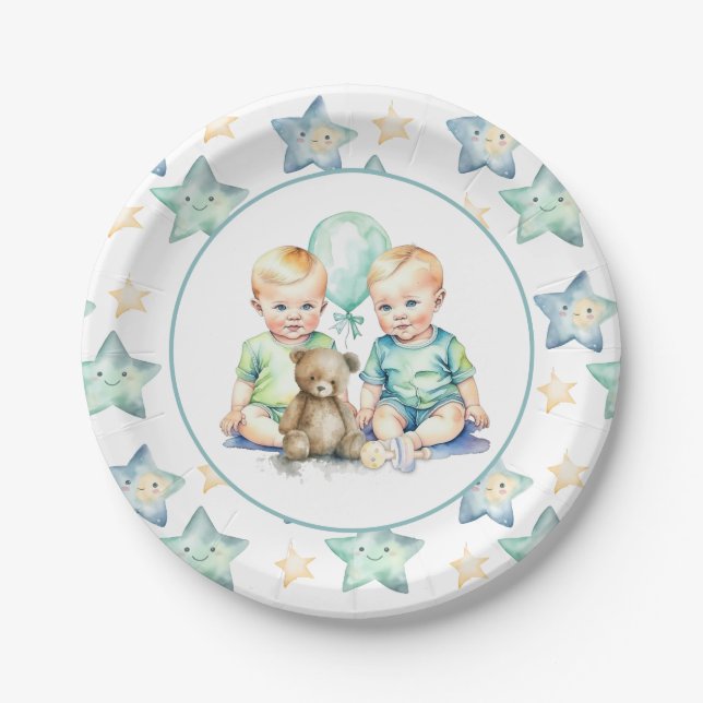 Assiettes En Carton Baby shower Watercolor Twin Boys (Devant)