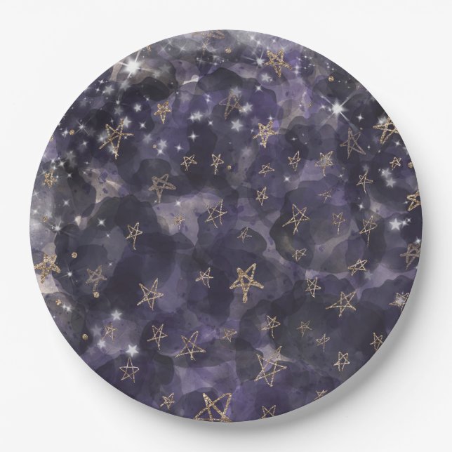 Assiettes En Carton Baby shower Whimsical Purple Gold Moon Stars (Devant)