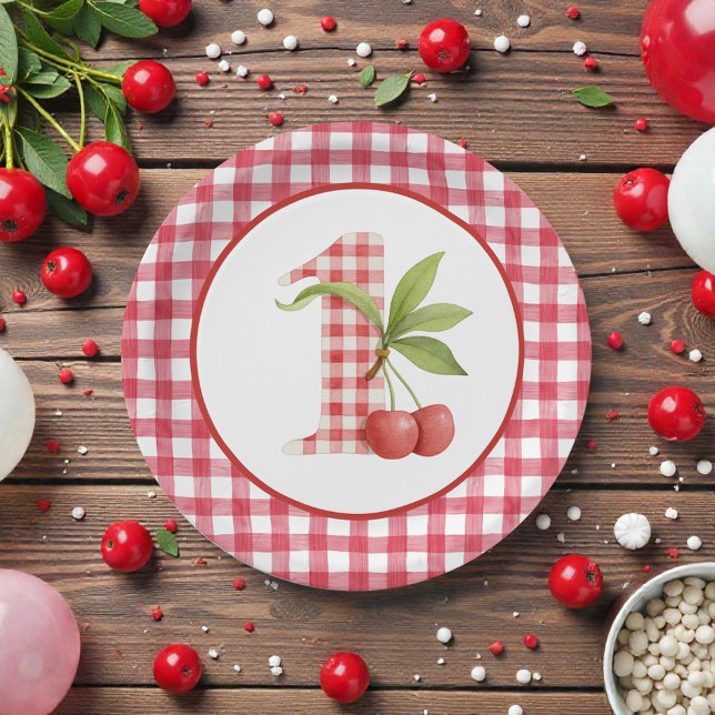 Assiettes En Carton Baby's Cherry First Red Gingham Birthday (Créateur téléchargé)