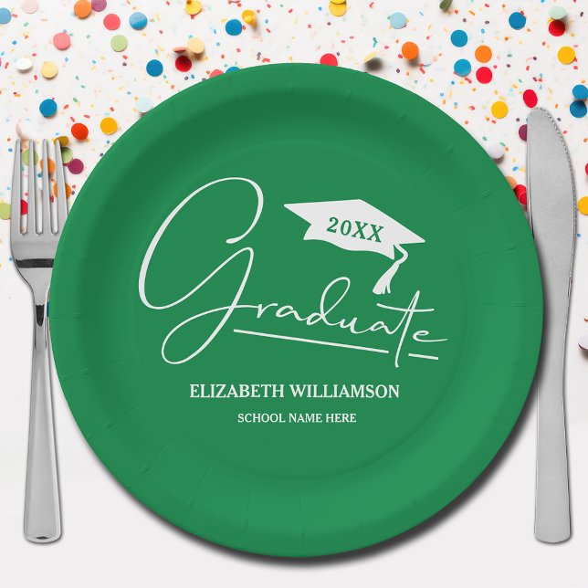 Assiettes En Carton Bac blanc de graduation de script vert (Your name, year, grad cap and "Graduate" in a cool script on green school color paper plates)