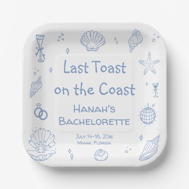 Assiettes En Carton Bachelorette Côtière Dessinée À La Main (Recto)