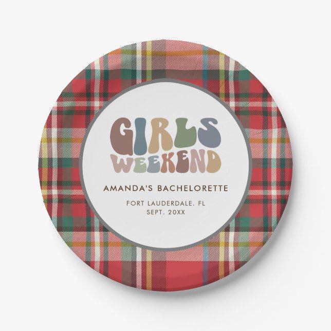 Assiettes En Carton Bachelorette Fête Plaid Girls Weekend Retro (Devant)