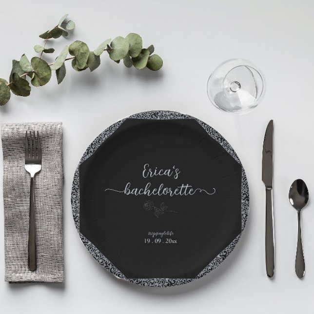 Assiettes En Carton Bachelorette gothique florale noire et argent (Créateur téléchargé)