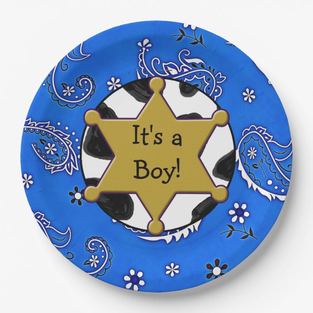 Assiettes En Carton Badge Sheriff Plaques en papier Bandanna Bleu (Devant)