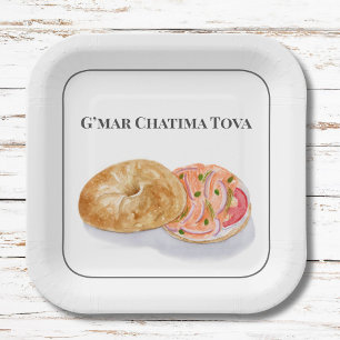 Assiettes En Carton Bagels aquarelle Saumon fumé G’mar Chatima Tova