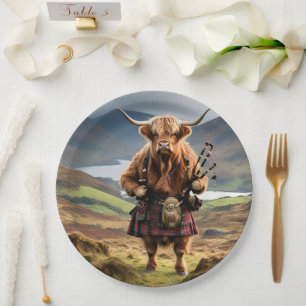 Assiettes En Carton Bagpiper de vache écossaise Highland