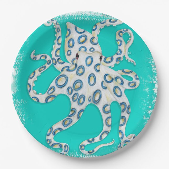 Assiettes En Carton Bague bleue Octopus Art Turquoise (Devant)