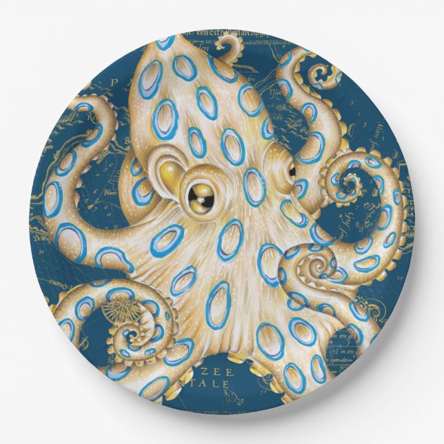 Assiettes En Carton Bague bleue Octopus Indigo Carte Vintage Nautique (Devant)