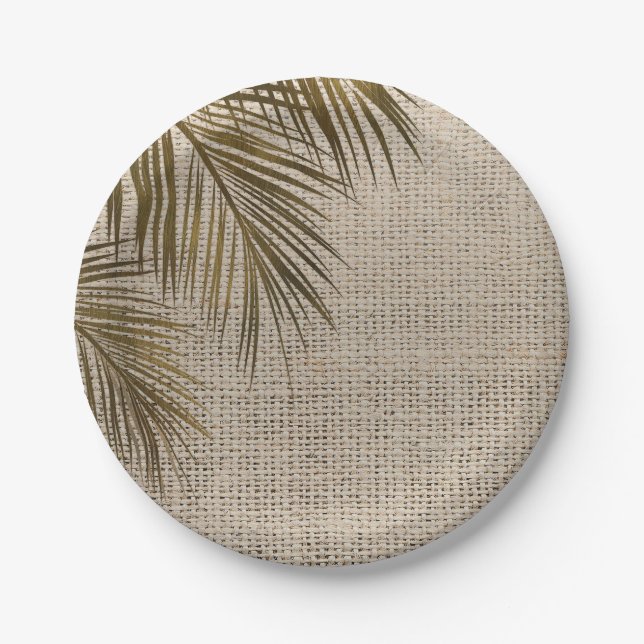 Assiettes En Carton Bahama Breeze Bronze Palme Toile de Jute Rustique  (Devant)