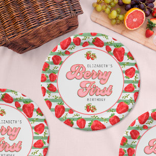 Assiettes En Carton Baie Premier Rouge Fraise Vert Blanc Rayures