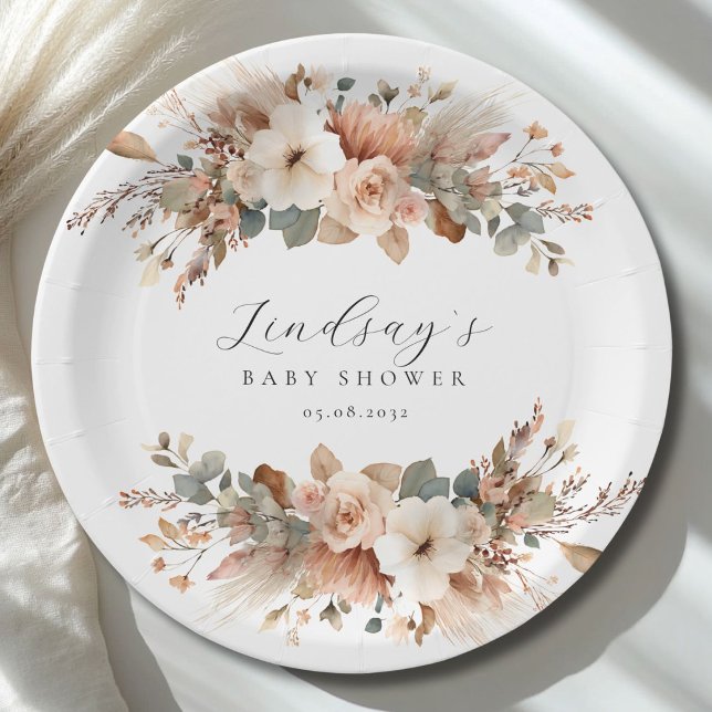 Assiettes En Carton Baigneuse Florale Boho Herbe de Pampas  (Boho Floral Pampas Grass Baby Shower Paper Plates)