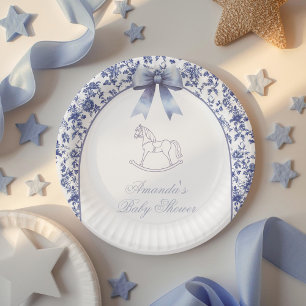 Assiettes En Carton Baignoire Bébé Cheval à Bascule Toile Bleue Vintag