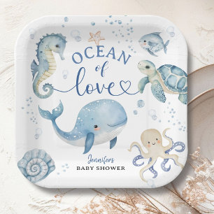 Assiettes En Carton Bain de bébé baleine océanique garçon bleu 